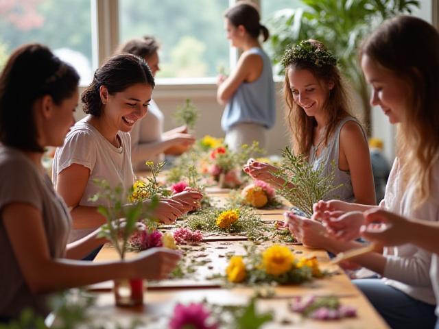 People attentively arranging flowers during a floral design workshop