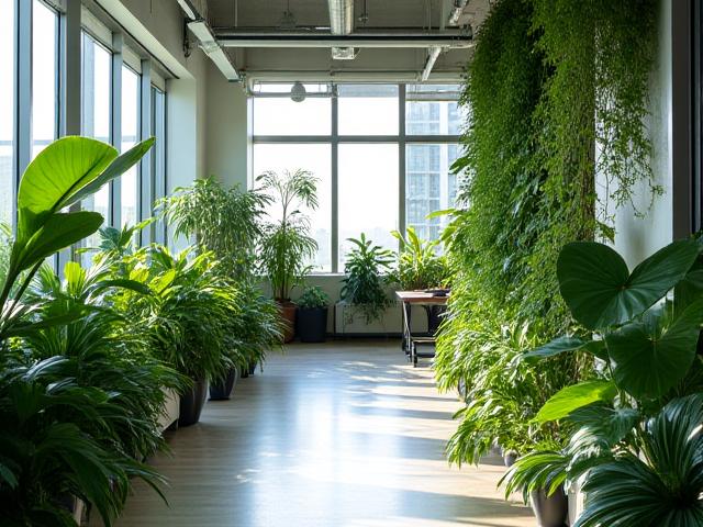 A lush, green office interior designed with various plants and natural elements