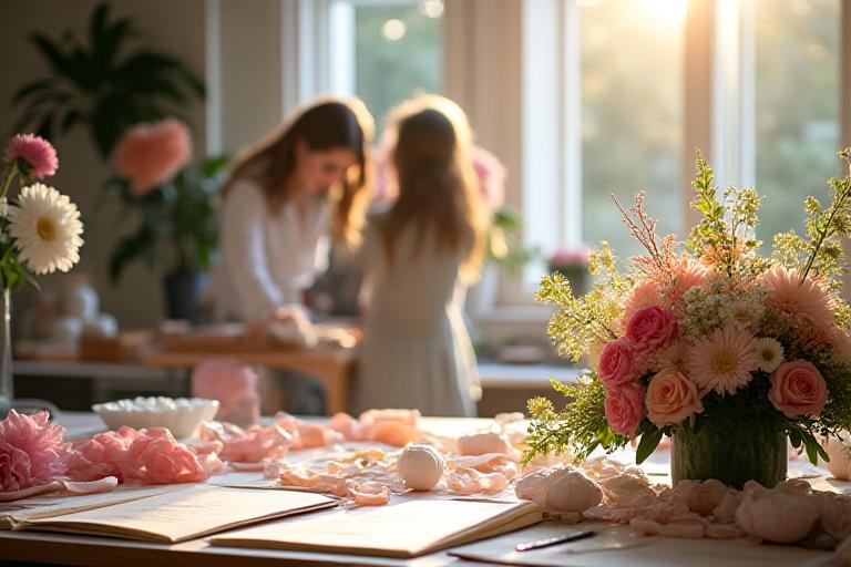 A tastefully designed floral studio with a florist working on an arrangement, representing Petal Haven's dedication.